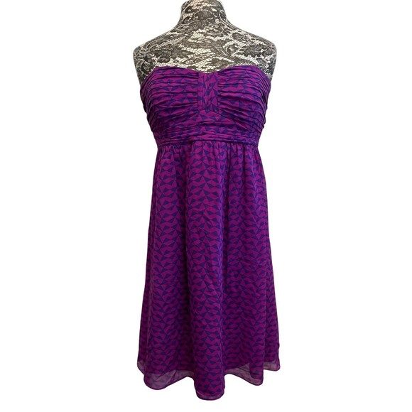 Shoshanna Silk Mini Cocktail Dress Purple Geometric Strapless Sheath Short 10‎ - Picture 1 of 16